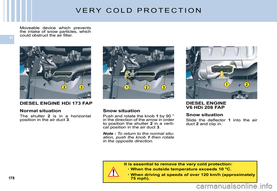 Citroen C5 DAG 2008 (RD/TD) / 2.G Owners Manual 178
VI
2312312
DIESEL ENGINE HDi 173 FAP
It is essential to remove the very cold protection:
When the outside temperature exceeds 10 °C.
When driving at speeds of over 120 km/h (approximately 75 mph)