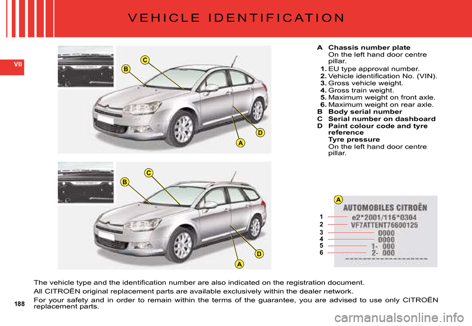 Citroen C5 DAG 2008 (RD/TD) / 2.G Owners Manual 188
VII
123456
A
C
A
B
D
C
A
B
D
V E H I C L E   I D E N T I F I C A T I O N
A  Chassis number plateOn the left hand door centre pillar.
1. EU type approval number.2. �V�e�h�i�c�l�e� �i�d�e�n�t�i�ﬁ�