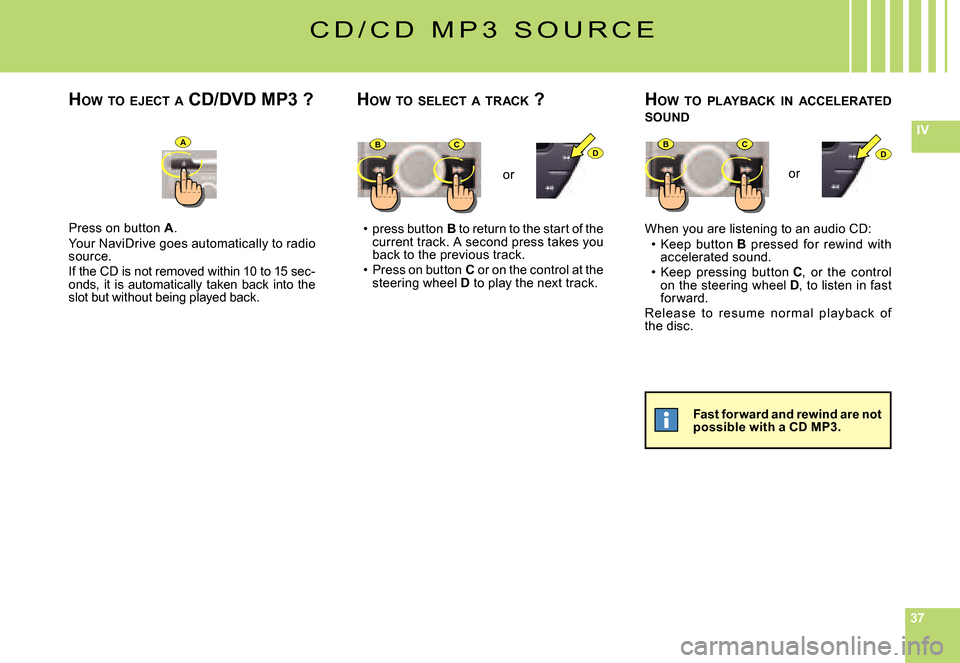 Citroen C5 DAG 2008 (RD/TD) / 2.G User Guide 373737
IVABCBCDD
press button B to return to the start of the current track. A second press takes you back to the previous track.Press on button C or on the control at the steering wheel D to play the