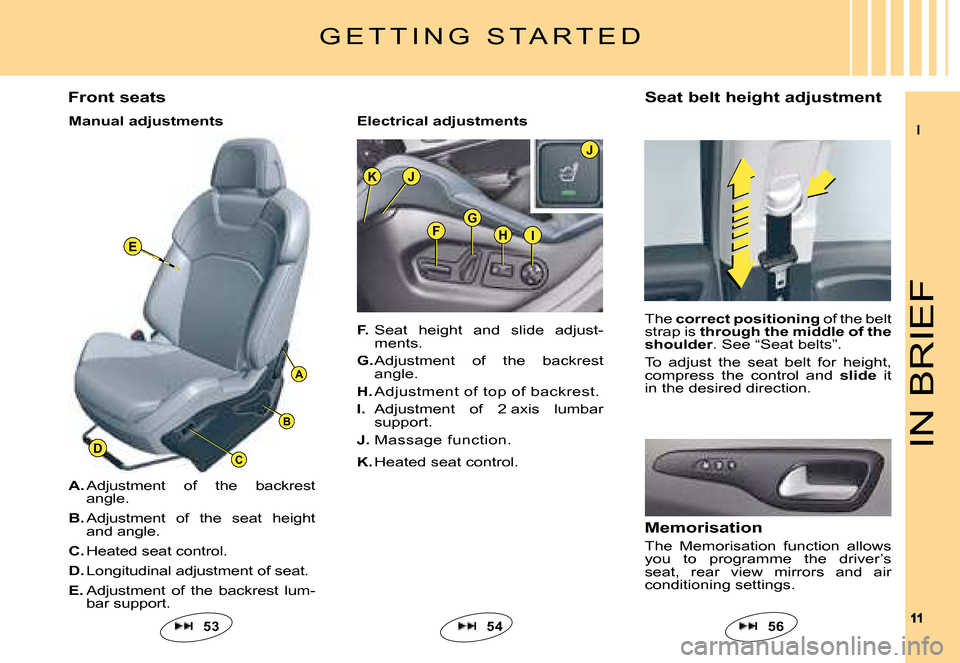 Citroen C5 DAG 2008 (RD/TD) / 2.G Owners Manual II
1111
A
FG
HI
C
B
D
J
J
E
K
IN BRIEF
F. Seat  height  and  slide  adjust-ments.
G. Adjustment  of  the  backrest angle.
H. Adjustment of top of backrest.
I.  Adjustment  of  2 axis  lumbar support.
