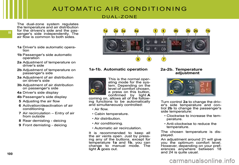 Citroen C5 DAG 2008 (RD/TD) / 2.G Owners Manual 100
III81a2a3a4a858684b4b4b81b1b3b3b2b2b
978
AA
A U T O M A T I C   A I R   C O N D I T I O N I N G
D U A L - Z O N E
1a Drivers side automatic opera-tion
1b Passengers side automatic operation
2a A