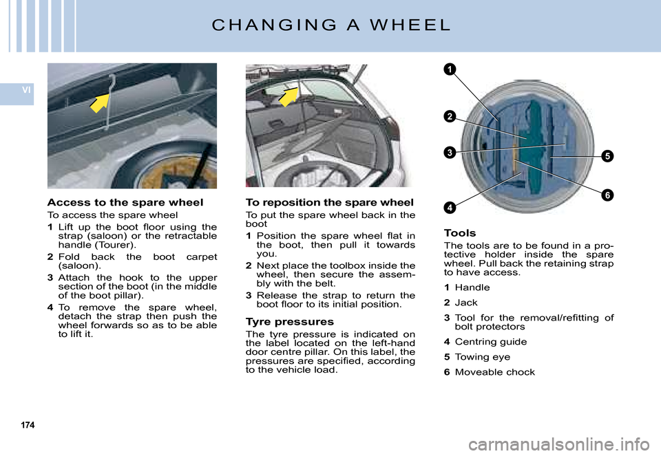 Citroen C5 2008 (RD/TD) / 2.G Owners Manual 174
VI
35
6
1
2
4
�C �H �A �N �G �I �N �G �  �A �  �W �H �E �E �L
Access to the spare wheel
�T�o� �a�c�c�e�s�s� �t�h�e� �s�p�a�r�e� �w�h�e�e�l
1 �L�i�f�t�  �u�p�  �t�h�e�  �b�o�o�t�  �ﬂ� �o�o�r�  �u