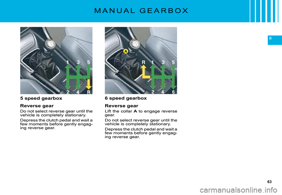 Citroen C5 2008 (RD/TD) / 2.G Owners Manual 63
II
A
M A N U A L   G E A R B O X
5 speed gearbox
Reverse gear
�D�o� �n�o�t� �s�e�l�e�c�t� �r�e�v�e�r�s�e� �g�e�a�r� �u�n�t�i�l� �t�h�e� �v�e�h�i�c�l�e� �i�s� �c�o�m�p�l�e�t�e�l�y� �s�t�a�t�i�o�n�a�