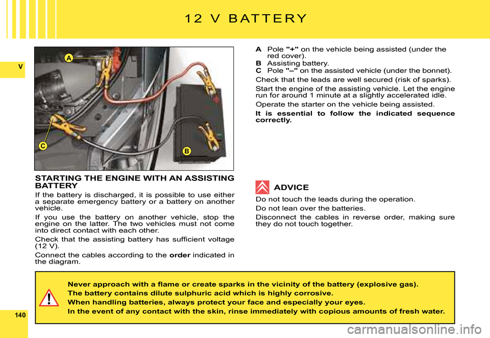 Citroen C6 DAG 2008 1.G Owners Manual 140
V
BC
A
1 2   V   B A T T E R Y
STARTING THE ENGINE WITH AN ASSISTING BATTERY
If  the  battery  is  discharged,  it  is  possible  to  use  either a  separate  emergency  battery  or  a  battery  o