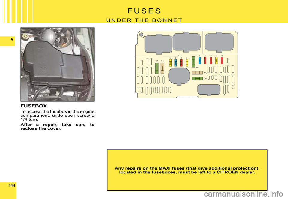 Citroen C6 DAG 2008 1.G Owners Manual 144
V
101289
11
12
13
14
7345 6
F U S E S
U N D E R   T H E   B O N N E T
FUSEBOX
 T o   a c c e s s   t h e   f u s e b o x   i n   t h e   e n g i n e  compartment,  undo  each  screw  a  1 / 4   t 