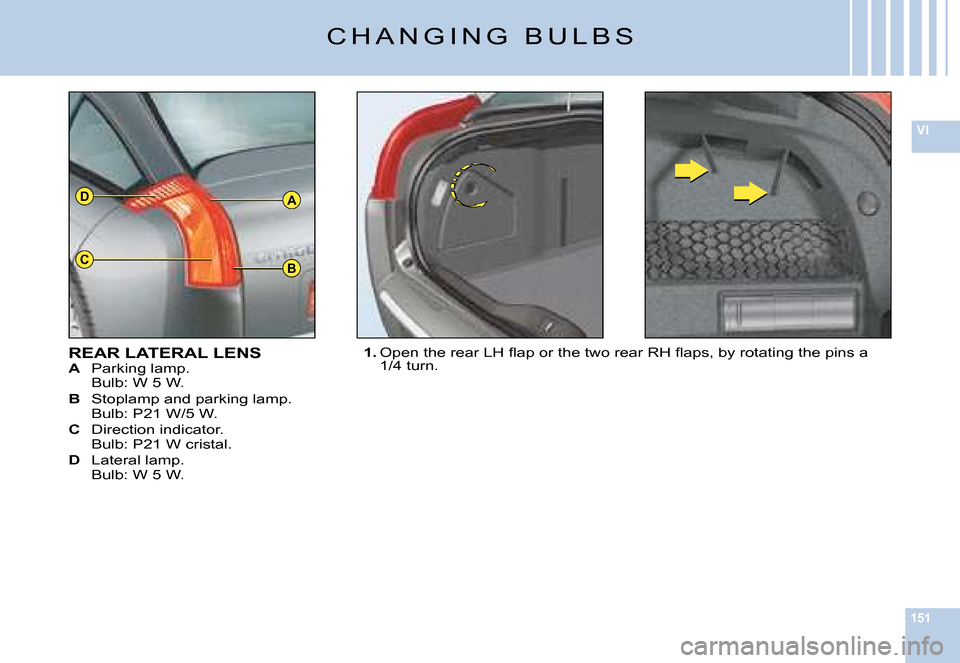 Citroen C6 DAG 2008 1.G Owners Manual 151
VI
A
BC
D
�C �H �A �N �G �I �N �G �  �B �U �L �B �S
REAR LATERAL LENSA �P�a�r�k�i�n�g� �l�a�m�p�.�B�u�l�b�:� �W� �5� �W�.
B �S�t�o�p�l�a�m�p� �a�n�d� �p�a�r�k�i�n�g� �l�a�m�p�.�B�u�l�b�:� �P�2�1� 