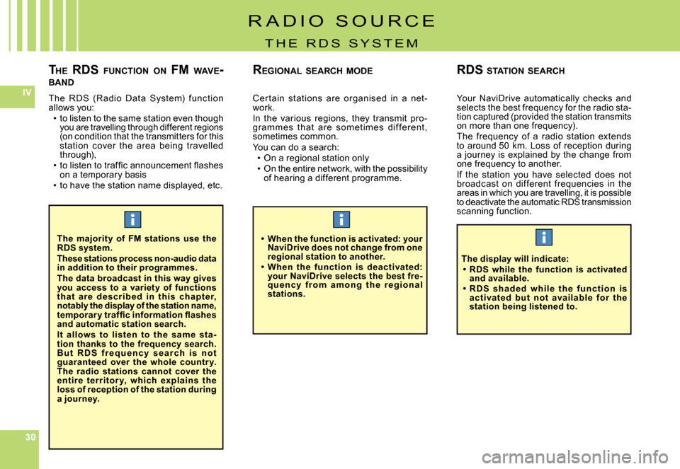 Citroen C6 DAG 2008 1.G Owners Manual 303030
IVThe  RDS  (Radio  Data  System)  function allows you:to listen to the same station even though you are travelling through different regions (on condition that the transmitters for this statio
