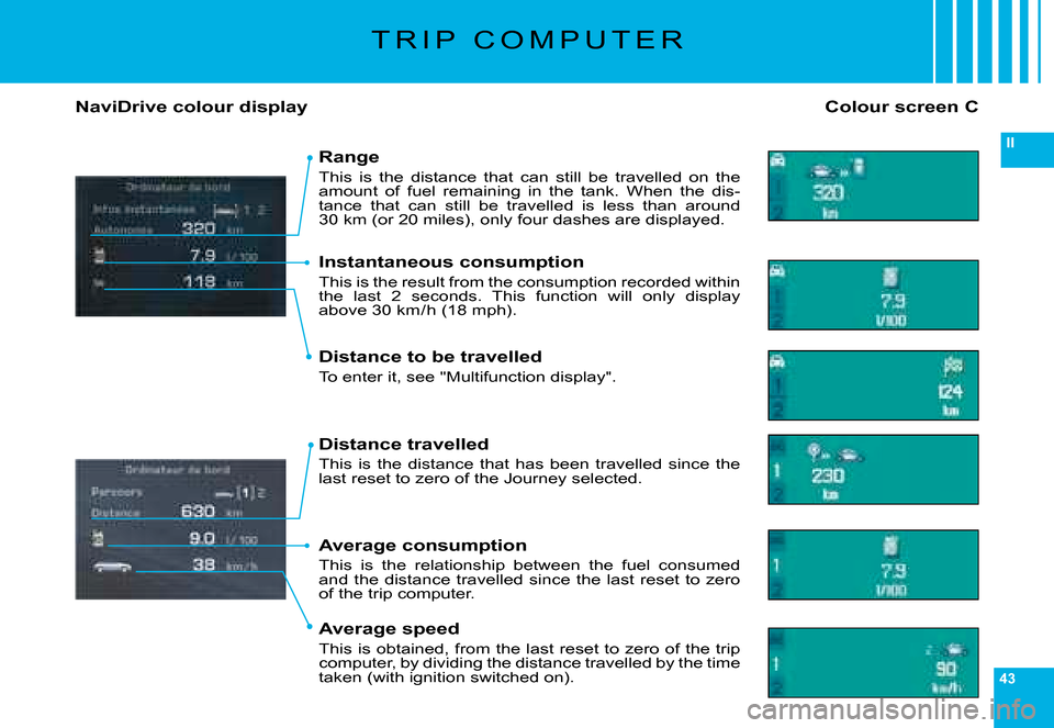 Citroen C6 DAG 2008 1.G Owners Guide 43
II
�T �R �I �P �  �C �O �M �P �U �T �E �R
Colour screen CNaviDrive colour display
Range
�T�h�i�s�  �i�s�  �t�h�e�  �d�i�s�t�a�n�c�e�  �t�h�a�t�  �c�a�n�  �s�t�i�l�l�  �b�e�  �t�r�a�v�e�l�l�e�d�  �o