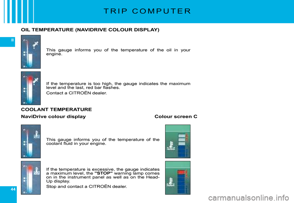 Citroen C6 DAG 2008 1.G Service Manual 44
II
�T �R �I �P �  �C �O �M �P �U �T �E �R
�T�h�i�s�  �g�a�u�g�e�  �i�n�f�o�r�m�s�  �y�o�u�  �o�f�  �t�h�e�  �t�e�m�p�e�r�a�t�u�r�e�  �o�f�  �t�h�e�  �o�i�l�  �i�n�  �y�o�u�r� �e�n�g�i�n�e�.
OIL TEM