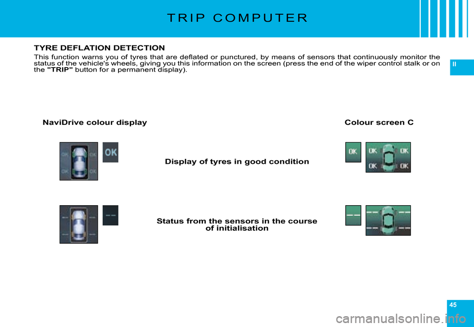 Citroen C6 DAG 2008 1.G Owners Manual 45
II
�T �R �I �P �  �C �O �M �P �U �T �E �R
TYRE DEFLATION DETECTION
�T�h�i�s� �f�u�n�c�t�i�o�n� �w�a�r�n�s� �y�o�u� �o�f� �t�y�r�e�s� �t�h�a�t� �a�r�e� �d�e�ﬂ� �a�t�e�d� �o�r� �p�u�n�c�t�u�r�e�d�,