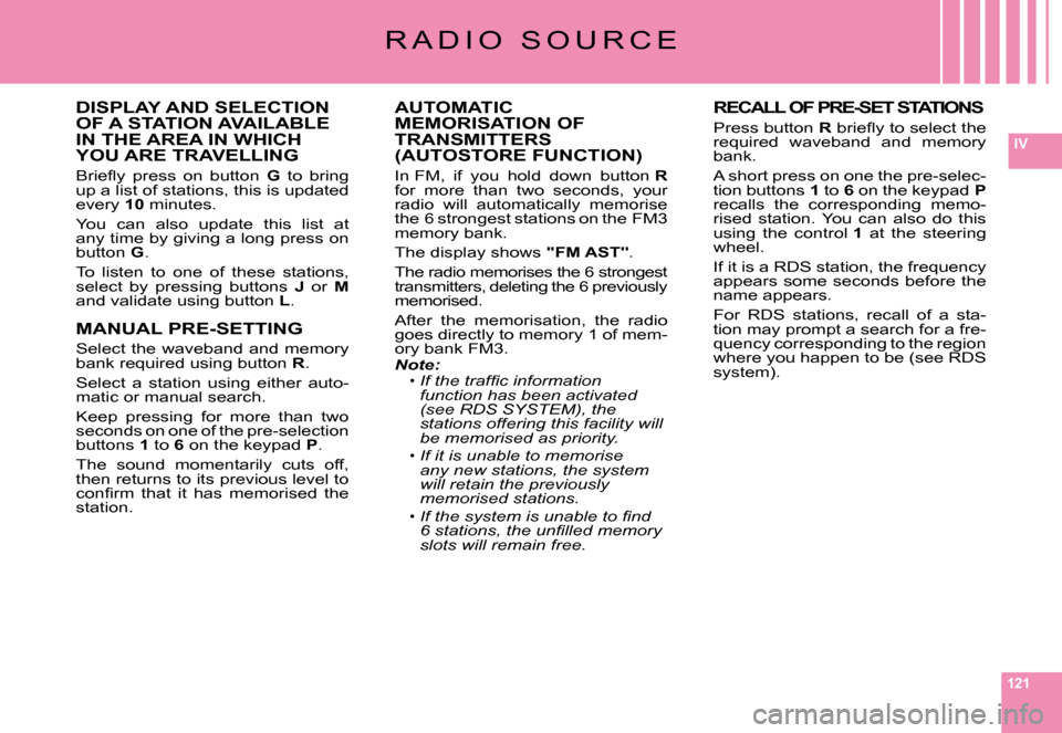 Citroen C6 2008 1.G Owners Manual 121
IV
R A D I O   S O U R C E
DISPLAY AND SELECTION OF A STATION AVAILABLE IN THE AREA IN WHICH YOU ARE TRAVELLING
�B�r�i�e�ﬂ� �y�  �p�r�e�s�s�  �o�n�  �b�u�t�t�o�n� G  to  bring up a list of stati