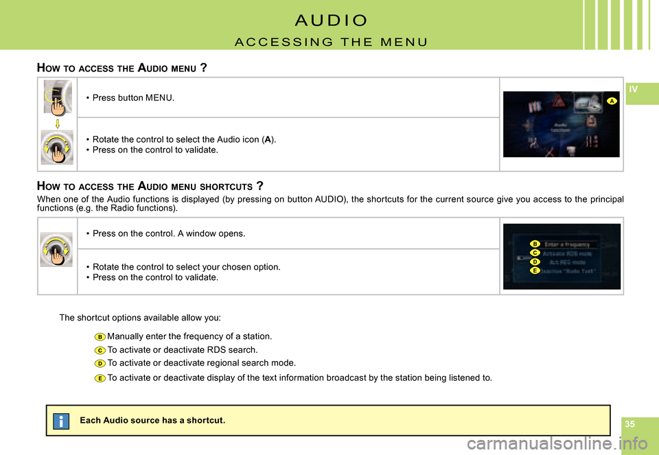 Citroen C6 2008 1.G Owners Guide 353535
IV
B
C
D
E
A
BCDE
HOW  TO  ACCESS  THE  AUDIO  MENU  ?
HOW  TO  ACCESS  THE  AUDIO  MENU  SHORTCUTS  ?
The shortcut options available allow you:
Manually enter the frequency of a station.
To ac
