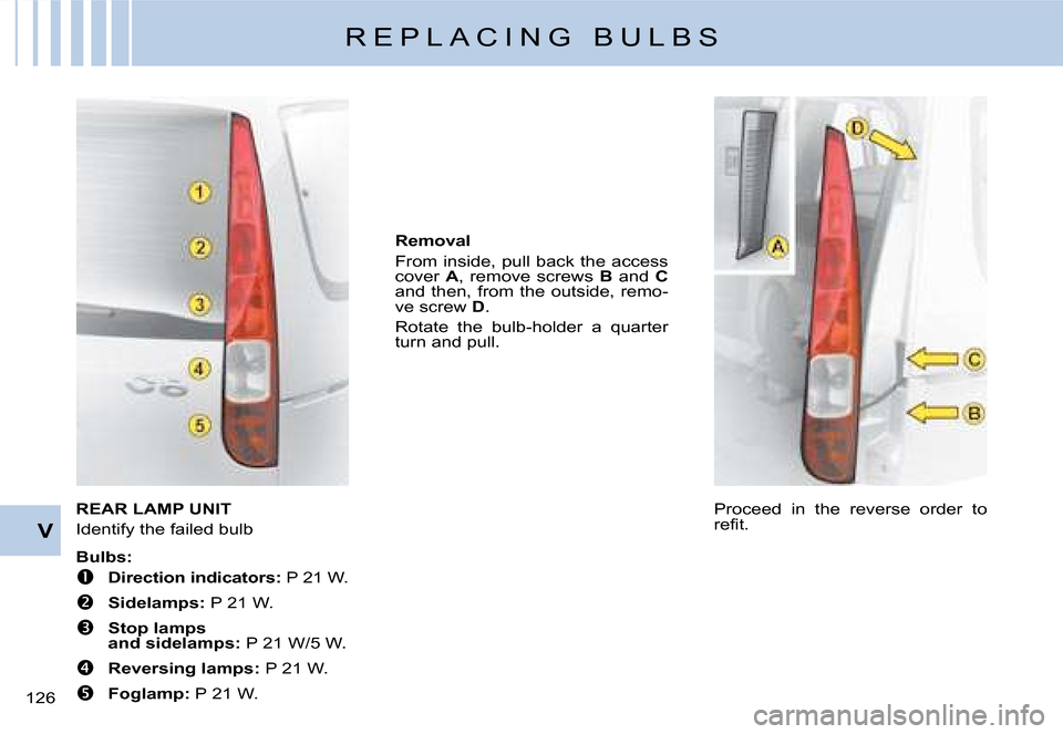 Citroen C8 DAG 2008 1.G Owners Manual 12 V
REAR LAMP UNIT 
�I�d�e�n�t�i�f�y� �t�h�e� �f�a�i�l�e�d� �b�u�l�b 
�B�u�l�b�s�:
� 
�D�i�r�e�c�t�i�o�n� �i�n�d�i�c�a�t�o�r�s�:  P 21 W.
� �S�i�d�e�l�a�m�p�s�:  P 21 W.
� �S�t�o�p� �l�a�m�p�s