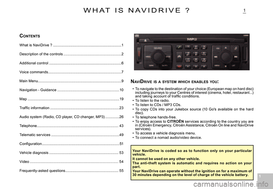 Citroen C8 DAG 2008 1.G Owners Manual 11
�1
CONTENTS
What is NaviDrive ? .................................................. .................1
Description of the controls .........................................................2
Addition