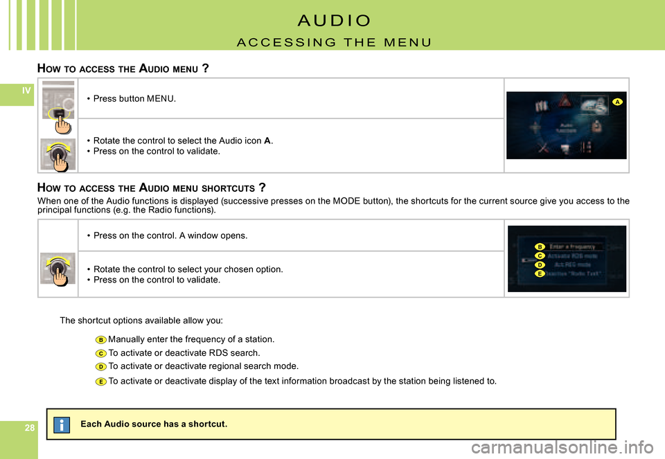Citroen C8 DAG 2008 1.G Owners Manual 282828
IV
B
C
D
E
BCDE
A
HOW  TO  ACCESS  THE  AUDIO  MENU  ?
HOW  TO  ACCESS  THE  AUDIO  MENU  SHORTCUTS  ?
The shortcut options available allow you:
Manually enter the frequency of a station.
To ac