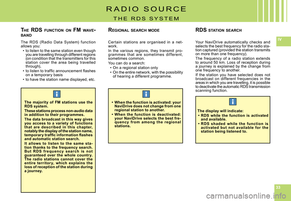 Citroen C8 DAG 2008 1.G Owners Manual 333333
IVThe  RDS  (Radio  Data  System)  function allows you:to listen to the same station even though you are travelling through different regions (on condition that the transmitters for this statio