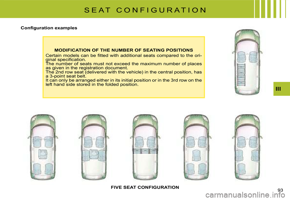 Citroen C8 DAG 2008 1.G Manual Online �9�3� 
III
MODIFICATION OF THE NUMBER OF SEATING POSITIONS
�C�e�r�t�a�i�n� �m�o�d�e�l�s� �c�a�n� �b�e� �i�t�t�e�d� �w�i�t�h� �a�d�d�i�t�i�o�n�a�l� �s�e�a�t�s� �c�o�m�p�a�r�e�d� �t�o � �t�h�e� �o�r�i-

