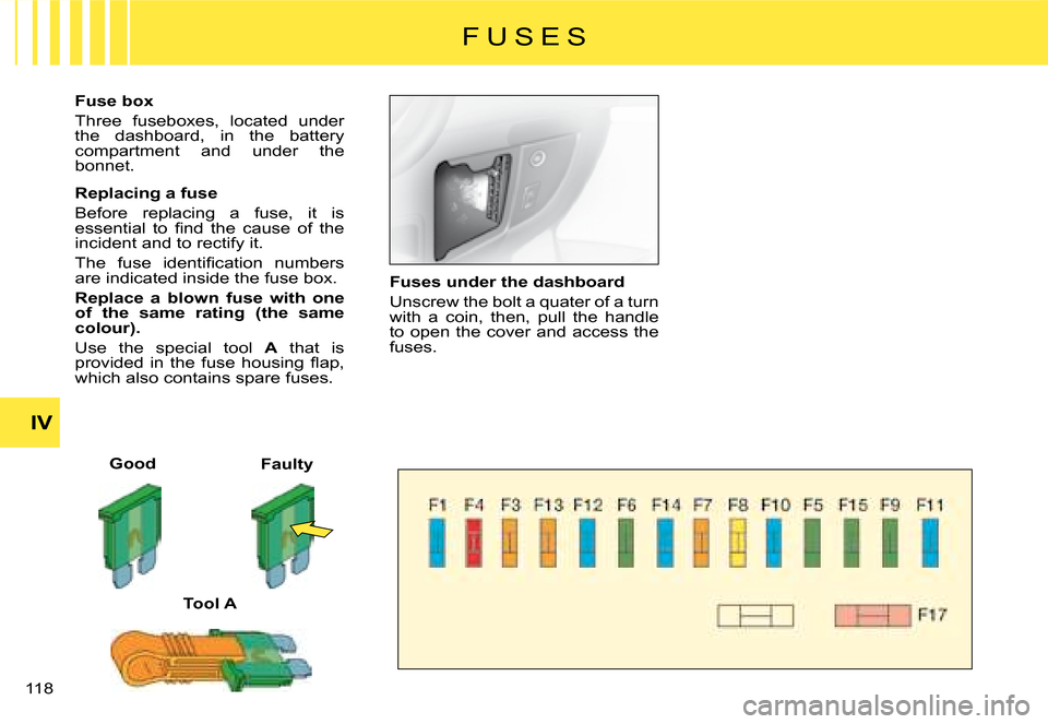 Citroen C8 2008 1.G Owners Manual 11 IV F U S E S
Fuse box 
Three  fuseboxes,  located  under  
the  dashboard,  in  the  battery 
compartment  and  under  the 
bonnet. 
Replacing a fuse 
Before  replacing  a  fuse,  it  is  
�e�s�s�