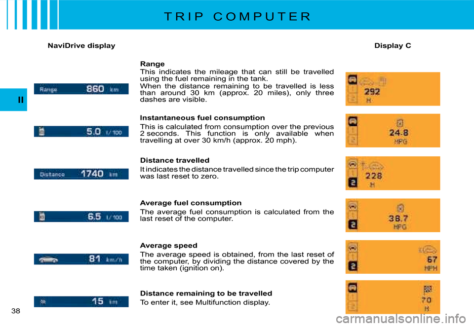 Citroen C8 2008 1.G Owners Guide 3 II
NaviDrive display
Display C
T R I P   C O M P U T E R
Range 
This  indicates  the  mileage  that  can  still  be  travelled  
using the fuel remaining in the tank. 
When  the  distance  remainin