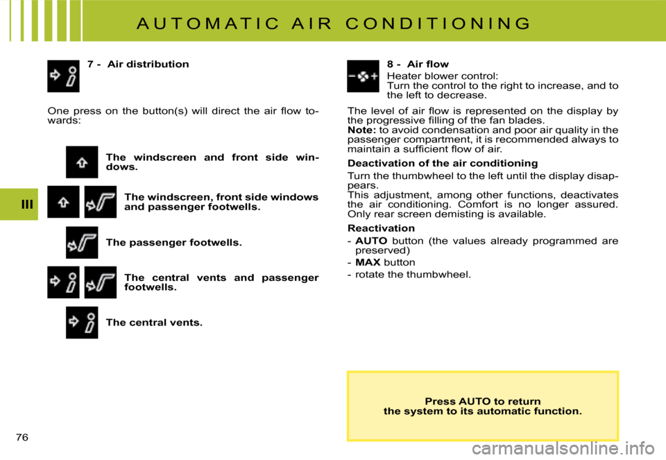 Citroen C8 2008 1.G Owners Manual 7 III
7 -  Air distribution
The windscreen, front side windows  
and passenger footwells. �T�h�e�  �l�e�v�e�l�  �o�f�  �a�i�r�  �l�o�w�  �i�s�  �r�e�p�r�e�s�e�n�t�e�d�  �o�n�  �t�h�e�  �d�i�s�p�l�a�y