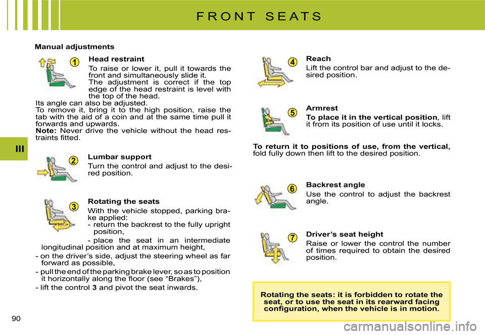 Citroen C8 2008 1.G Owners Manual 1
2
5
6
7
4
3
�9�0� III
Manual adjustments
Head restraint 
�T�o�  �r�a�i�s�e�  �o�r�  �l�o�w�e�r�  �i�t�,�  �p�u�l�l�  �i�t�  �t�o�w�a�r�d�s�  �t�h�e�  
�f�r�o�n�t� �a�n�d� �s�i�m�u�l�t�a�n�e�o�u�s�l�