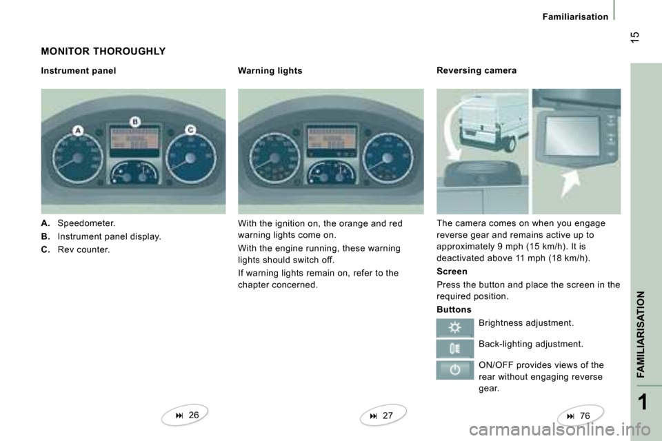 Citroen JUMPER DAG 2008 2.G User Guide 1
FAMILIARISATION
 15
Familiarisation
 MONITOR  THOROUGHLY  
  Instrument panel    Warning lights  
   
A.   Speedometer. 
  
B.   Instrument panel display. 
  
C.   Rev counter.    With the ignition 