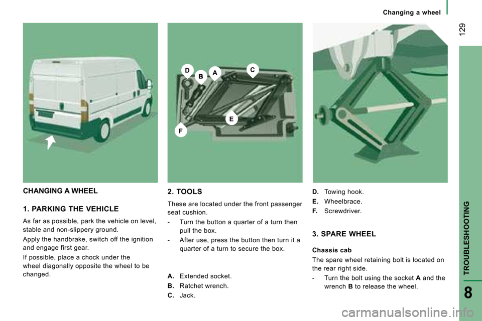 Citroen JUMPER DAG 2008 2.G Owners Manual A
E
CD
F
 129
8
TROUBLESHOOTING
   Changing  a  wheel   
  1.  PARKING  THE  VEHICLE  
 As far as possible, park the vehicle on level,  
stable and non-slippery ground.  
 Apply the handbrake, switch 