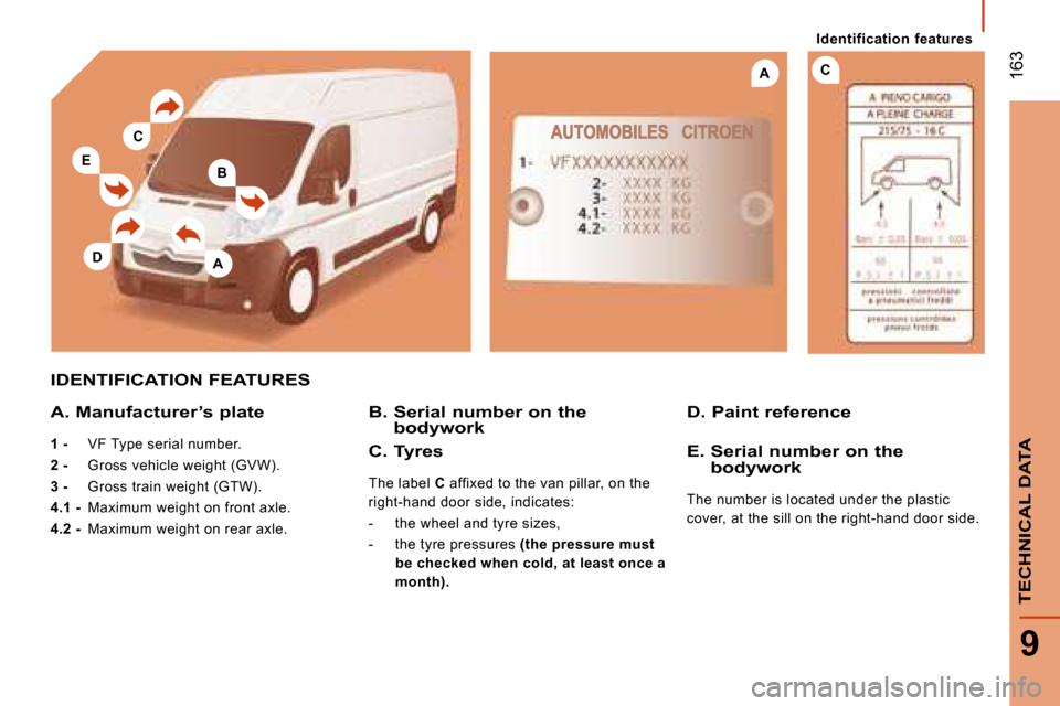 Citroen JUMPER DAG 2008 2.G Owners Manual B
A
CA
C
E
D
   Identification  features   
 163
9
TECHNICAL DATA
 IDENTIFICATION FEATURES 
  A. Manufacturer’s plate 
  
1 -      VF Type serial number. 
  
2 -      Gross vehicle weight (GVW). 
  