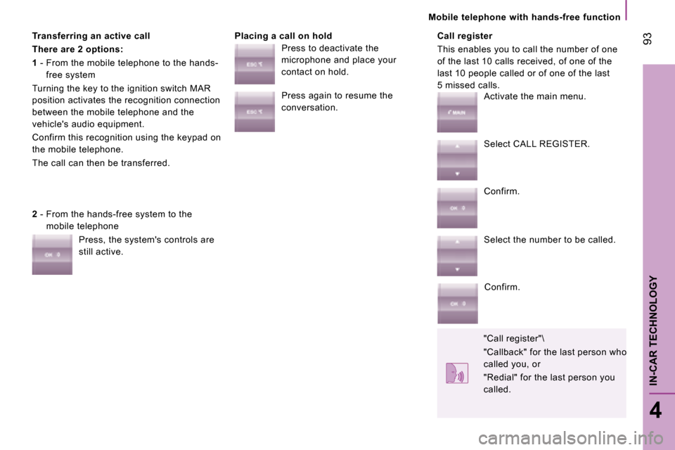 Citroen JUMPER DAG 2008 2.G Owners Manual   Mobile  telephone  with  hands-free  function  
 93
4
IN-CAR TECHNOLOGY
  Transferring an active call  
  
There are 2 options:   
  
1   -  From the mobile telephone to the hands-
free system 
 Tur