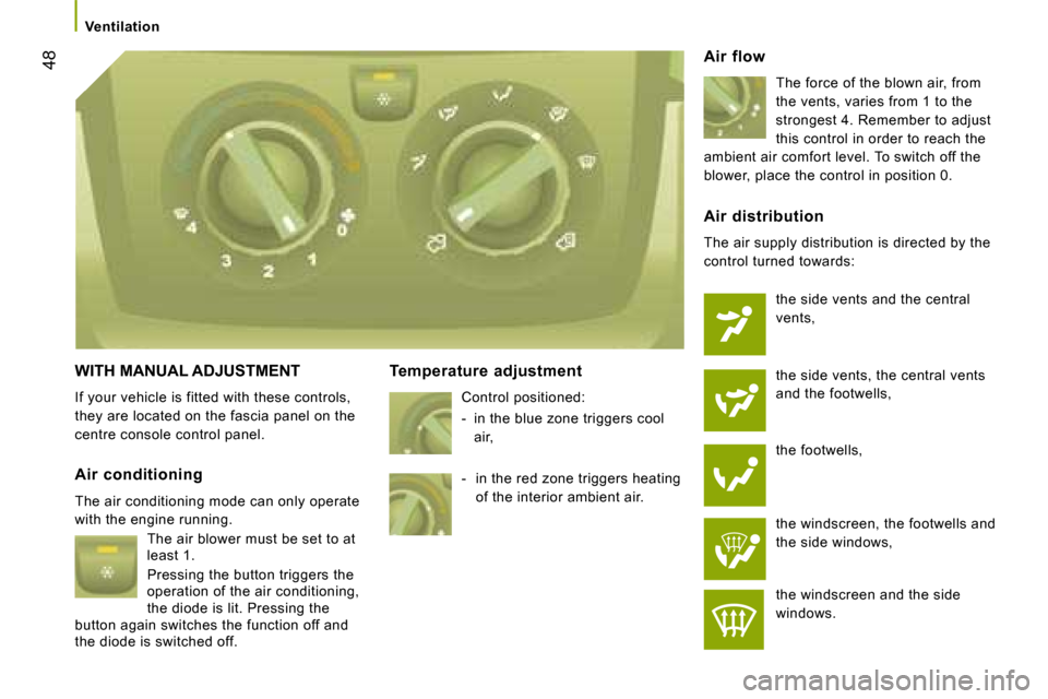 Citroen JUMPER 2008 2.G Service Manual 48
         Ventilation         
 WITH MANUAL ADJUSTMENT 
 If your vehicle is fitted with these controls,  
they are located on the fascia panel on the 
centre console control panel.   Temperature  ad