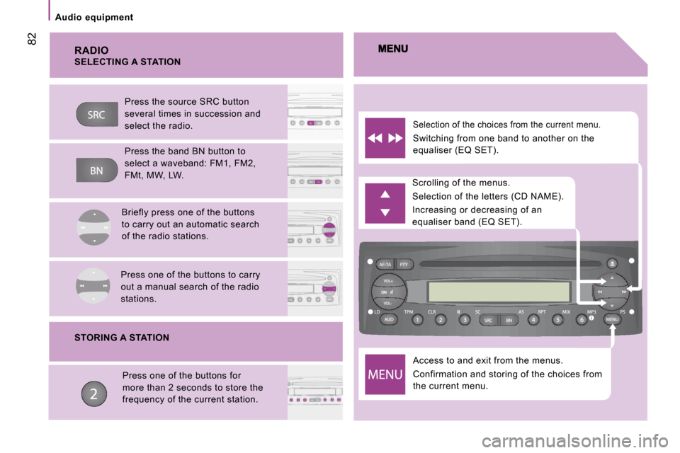 Citroen JUMPER 2008 2.G Owners Manual   RADIO  Access to and exit from the menus.  
 Confirmation and storing of the choices from  
the current menu. 
 Scrolling of the menus.  
 Selection of the letters (CD NAME). 
 Increasing or decreas