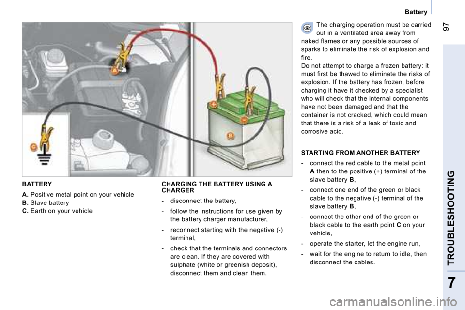 Citroen NEMO DAG 2008 1.G User Guide 97
7
TROUBLESHOOTING
 Battery 
  BATTERY 
  
A.   Positive metal point on your vehicle 
  
B.   Slave battery 
  
C.   Earth on your vehicle 
  CHARGING THE BATTERY USING A CHARGER 
   -   disconnect 