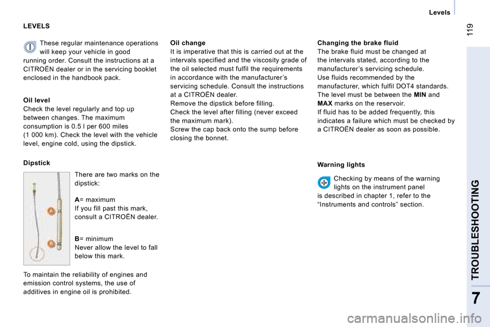 Citroen NEMO DAG 2008 1.G Owners Manual 119
7
TROUBLESHOOTING
 Levels 
 These regular maintenance operations  
will keep your vehicle in good 
running order. Consult the instructions at a 
 CITROËN dealer  or in the servicing booklet 
encl
