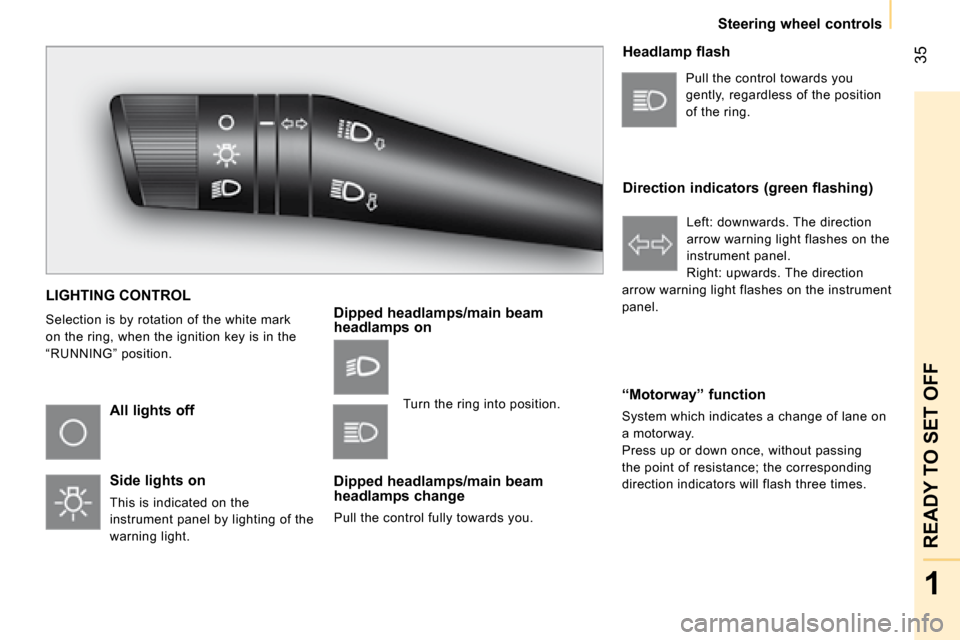 Citroen NEMO DAG 2008 1.G Owners Manual 35
1
READY TO SET OFF
  Steering wheel controls  
 LIGHTING CONTROL 
 Selection is by rotation of the white mark  
on the ring, when the ignition key is in the 
“RUNNING” position. 
  All lights o