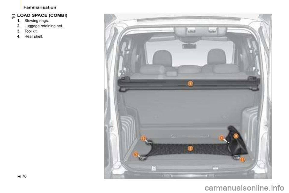 Citroen NEMO DAG 2008 1.G Owners Manual �1�0
 Familiarisation 
 LOAD SPACE (COMBI) 
1.�S�t�o�w�i�n�g� �r�i�n�g�s�.
2.� �  �L�u�g�g�a�g�e� �r�e�t�a�i�n�i�n�g� �n�e�t�.� 
3.� �  �T�o�o�l� �k�i�t�.� 
4.� �  �R�e�a�r� �s�h�e�l�f�.� � 
�  76 