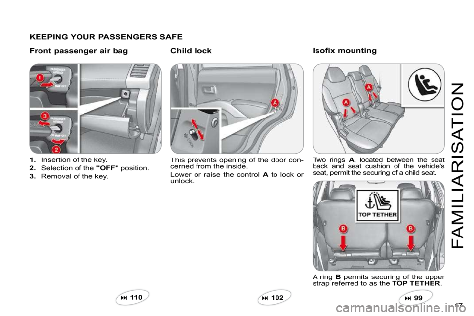 Citroen C CROSSER DAG 2009.5 1.G User Guide 17 
FAMILIARISATION
  KEEPING YOUR PASSENGERS SAFE  
  Front passenger air bag   Child lock 
1.   Insertion of the key. 
2.   Selection of the  "OFF"  position. 
3.   Removal of the key.  
 This  prev