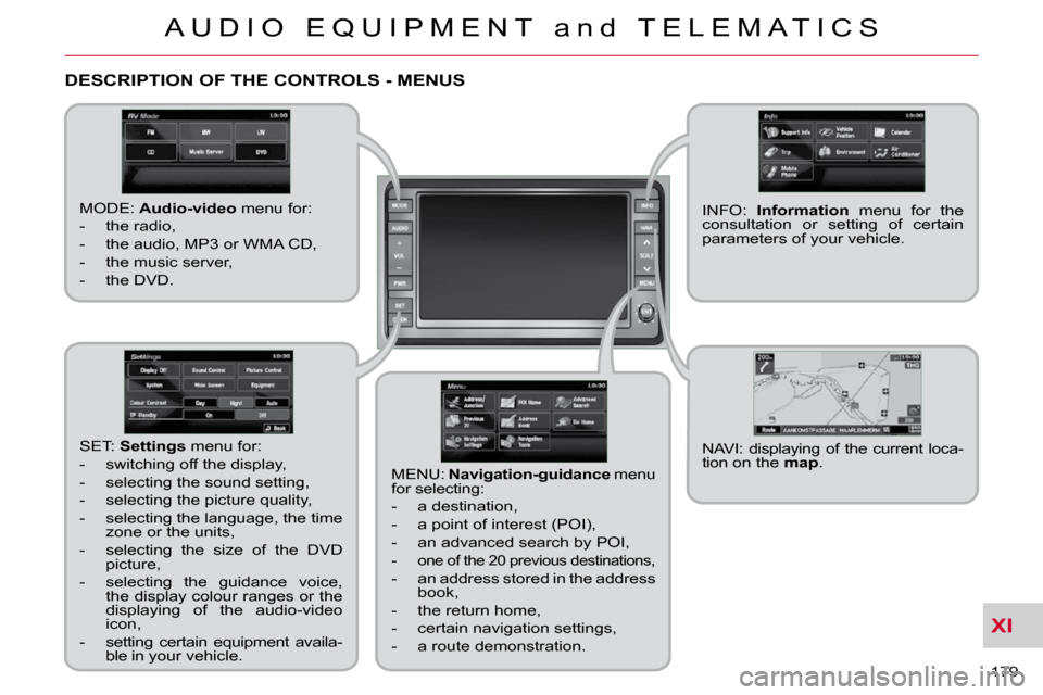 Citroen C CROSSER DAG 2009.5 1.G Owners Manual XI
A U D I O   E Q U I P M E N T   a n d   T E L E M A T I C S
179 
DESCRIPTION OF THE CONTROLS - MENUS 
  MODE:  Audio-video   menu for: 
   -   the radio,  
  -   the audio, MP3 or WMA CD, 
  -   th