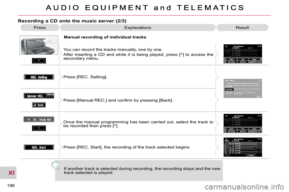 Citroen C CROSSER DAG 2009.5 1.G Owners Manual XI
196 
  Recording a CD onto the music server (2/3) 
 Press  Explanations   Result 
  Manual recording of individual tracks 
 You can record the tracks manually, one by one.  
 After  inserting  a  C