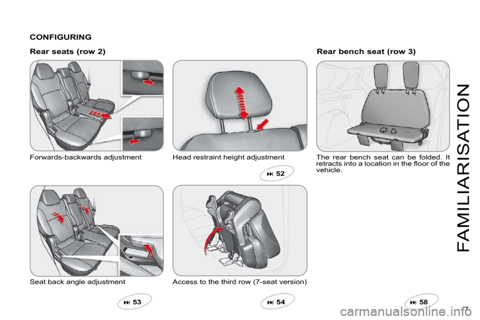 Citroen C CROSSER DAG 2009.5 1.G Owners Manual 7 
FAMILIARISATION
  CONFIGURING  
  Rear seats (row 2) 
 Forwards-backwards adjustment 
 Seat back angle adjustment 
�  53  
 Head restraint height adjustment 
 Access to the third row (7-seat ver
