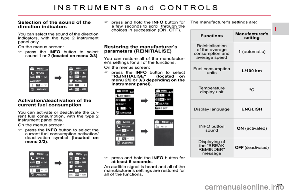 Citroen C CROSSER DAG 2009.5 1.G Owners Guide I
I N S T R U M E N T S   a n d   C O N T R O L S
37 
� � �S�e�l�e�c�t�i�o�n� �o�f� �t�h�e� �s�o�u�n�d� �o�f� �t�h�e� direction indicators 
 You can select the sound of the direction  
indicators,  wi