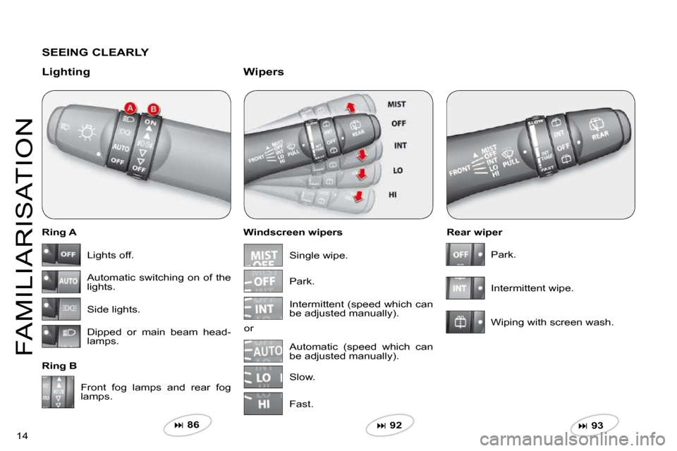 Citroen C CROSSER 2009.5 1.G Owners Manual 14 
FAMILIARISATION
  SEEING CLEARLY  
  Lighting 
  Ring A  
  Ring B   Windscreen wipers 
  Wipers 
  Rear wiper 
 Front  fog  lamps  and  rear  fog lamps. 
�  86    �  92   �  93    
 Ligh