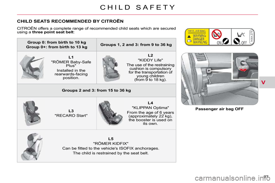 Citroen C CROSSER 2009.5 1.G Owners Manual V
C H I L D   S A F E T Y
97 
 CHILD SEATS RECOMMENDED BY CITROËN 
� �C�I�T�R�O�Ë�N� �o�f�f�e�r�s� �a� �c�o�m�p�l�e�t�e� �r�a�n�g�e� �o�f� �r�e�c�o�m�m�e�n�d�e�d� �c�h�i�l�d� �s�e�a�t�s� �w�h�i�c�h�