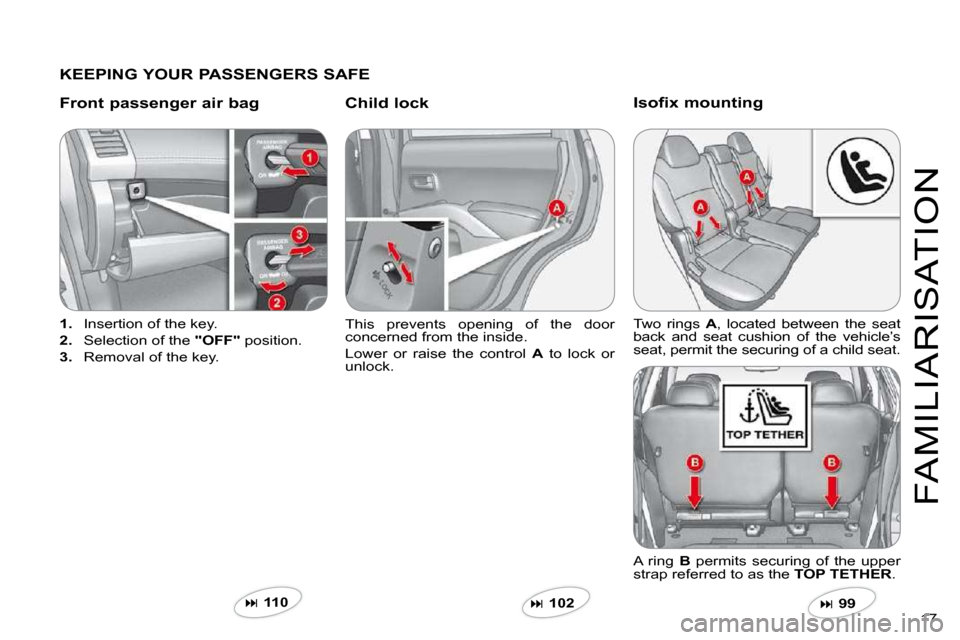 Citroen C CROSSER 2009.5 1.G User Guide 17 
FAMILIARISATION
  KEEPING YOUR PASSENGERS SAFE  
  Front passenger air bag   Child lock 
1.   Insertion of the key. 
2.   Selection of the  "OFF"  position. 
3.   Removal of the key.  
 This  prev