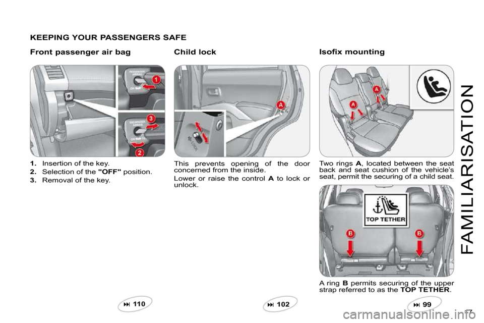 Citroen C CROSSER 2009.5 1.G Owners Manual 17 
FAMILIARISATION
  KEEPING YOUR PASSENGERS SAFE  
  Front passenger air bag   Child lock 
1.   Insertion of the key. 
2.   Selection of the  "OFF"  position. 
3.   Removal of the key.  
 This  prev