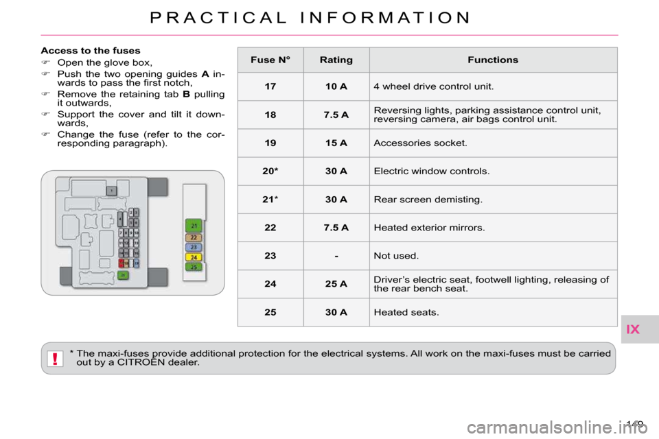 Citroen C CROSSER 2009.5 1.G Owners Manual IX
!
P R A C T I C A L   I N F O R M A T I O N
149 
  Access to the fuses  
   
� � �  �O�p�e�n� �t�h�e� �g�l�o�v�e� �b�o�x�,� 
  
� � �  �P�u�s�h�  �t�h�e�  �t�w�o�  �o�p�e�n�i�n�g�  �g�u�i�d�e