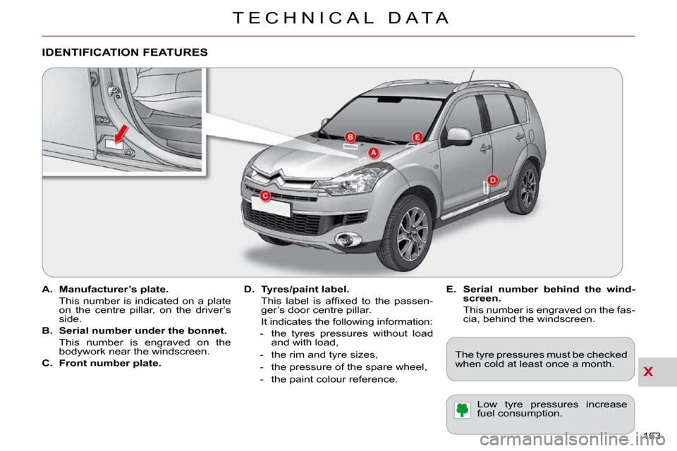 Citroen C CROSSER 2009.5 1.G Owners Manual X
T E C H N I C A L   D A T A
163 
    
A.     Manufacturer’s plate.     
  This number is indicated on a plate  on  the  centre  pillar,  on  the  driver’s  
side. 
  
B.     Serial number under 