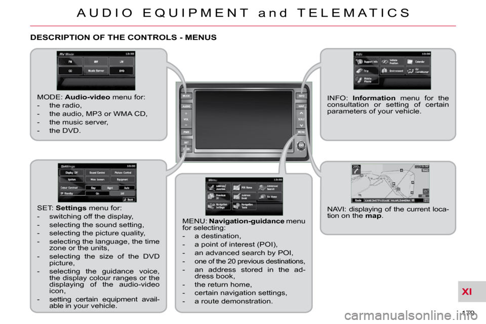Citroen C CROSSER 2009.5 1.G Owners Manual XI
A U D I O   E Q U I P M E N T   a n d   T E L E M A T I C S
179 
DESCRIPTION OF THE CONTROLS - MENUS 
  MODE:  Audio-video   menu for: 
   -   the radio,  
  -   the audio, MP3 or WMA CD, 
  -   th