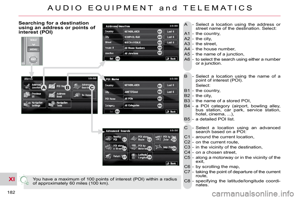 Citroen C CROSSER 2009.5 1.G Owners Manual XI
A U D I O   E Q U I P M E N T   a n d   T E L E M A T I C S
182 
 B  -   Select  a  location  using  the  name  of  a point of interest (POI).   
    Select:  
 B1  -  the country, 
 B2  -  the cit