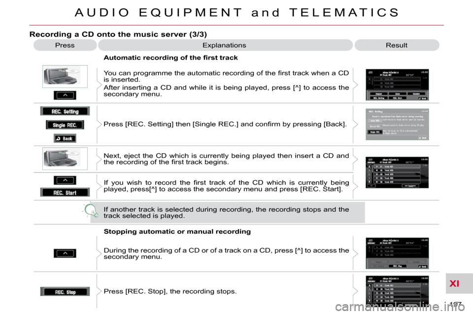 Citroen C CROSSER 2009.5 1.G User Guide XI
A U D I O   E Q U I P M E N T   a n d   T E L E M A T I C S
197 
  Recording a CD onto the music server (3/3) 
 Press  Explanations   Result 
� � �A�u�t�o�m�a�t�i�c� �r�e�c�o�r�d�i�n�g� �o�f� �t�h�