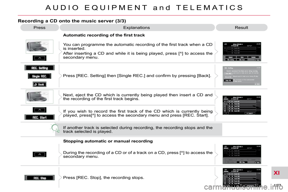 Citroen C CROSSER 2009.5 1.G Owners Manual XI
A U D I O   E Q U I P M E N T   a n d   T E L E M A T I C S
197 
  Recording a CD onto the music server (3/3) 
 Press  Explanations   Result 
� � �A�u�t�o�m�a�t�i�c� �r�e�c�o�r�d�i�n�g� �o�f� �t�h�
